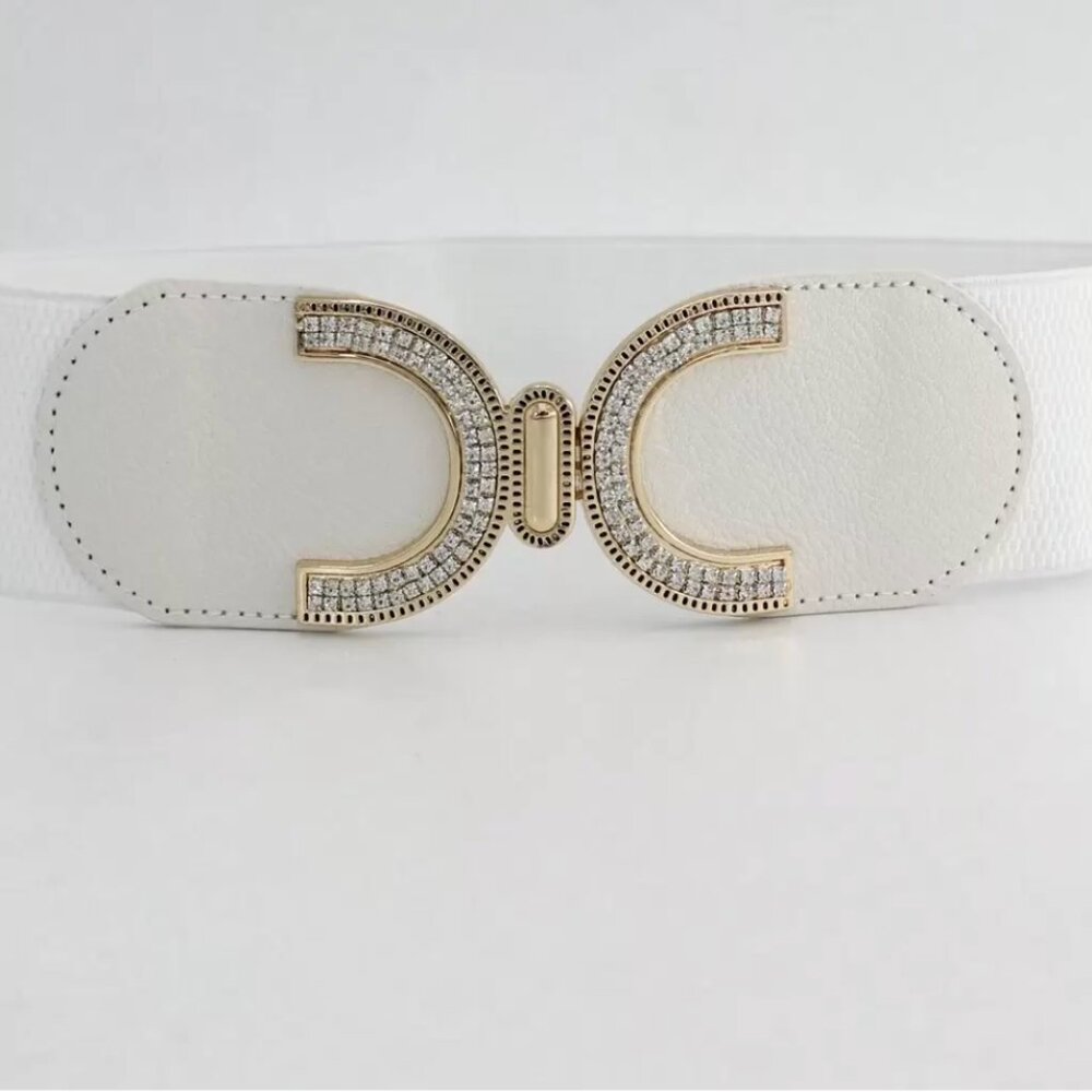 Rhinestone Buckle With Elastic Waist Belt White